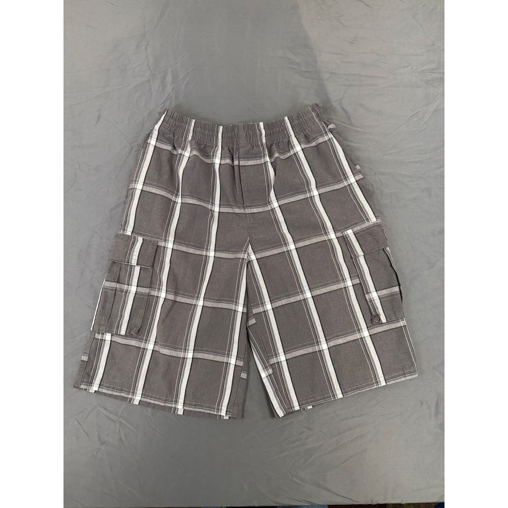Shaka Wear Mens Grey Plaid Cargo Shorts Elastic Waist Streetwear Size Large